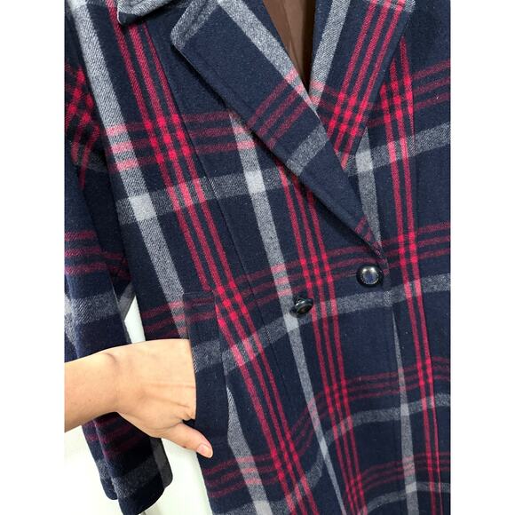Sezane Vintage XL Oversized Slouchy 100% WOOL Plaid Coat Long Jacket Trench Blue - Picture 5 of 11